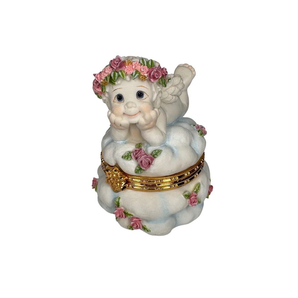 VTG '96 Dreamsicles Guardian Angel Ceramic Trinket Jewelry Box Floral Hinged